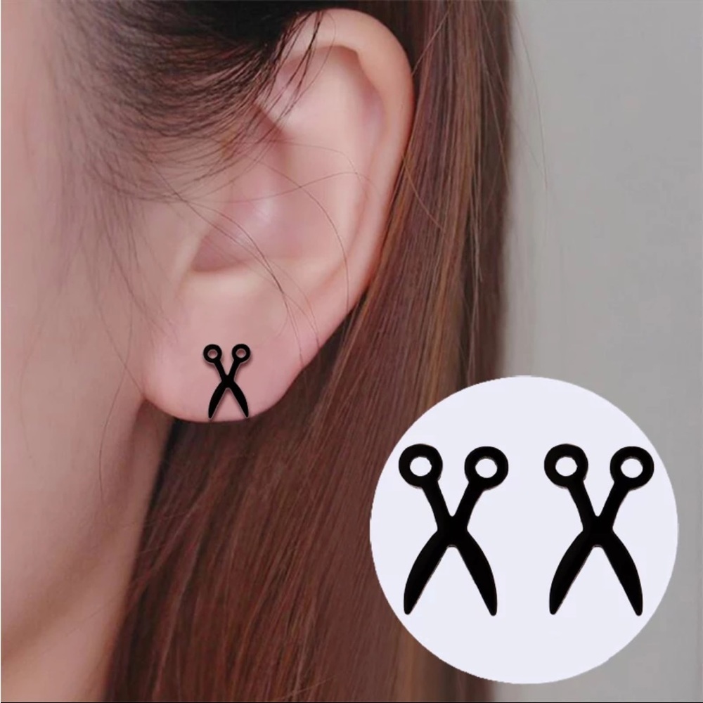 SCISSORS BLACK Hair Stylist Minimalist Steel Stud Earrings